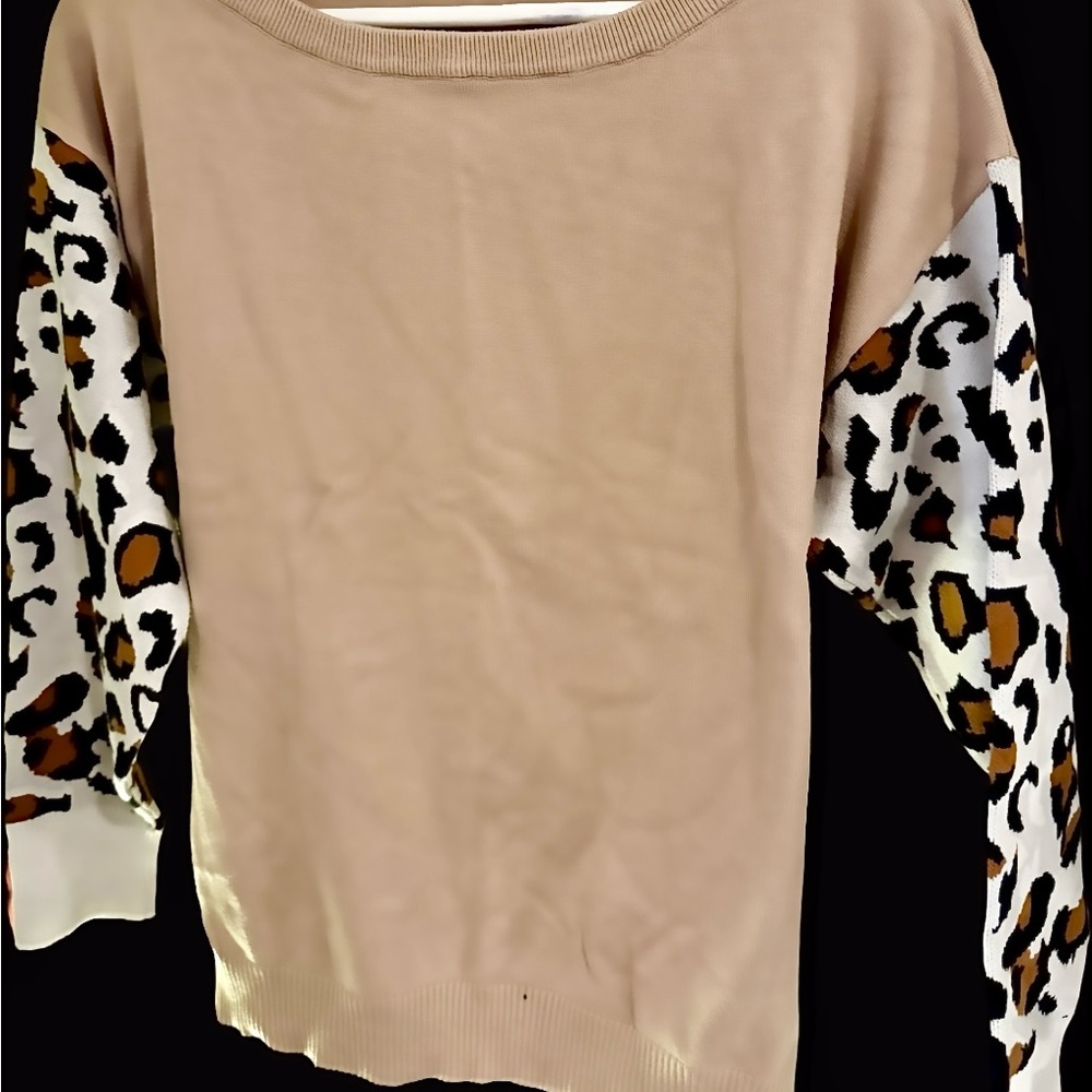 Beige Sweater with Leopard Print Sleeves
